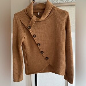 Traciers Camel Waffle Knit Asymmetrical Button Sweater Jacket Size S